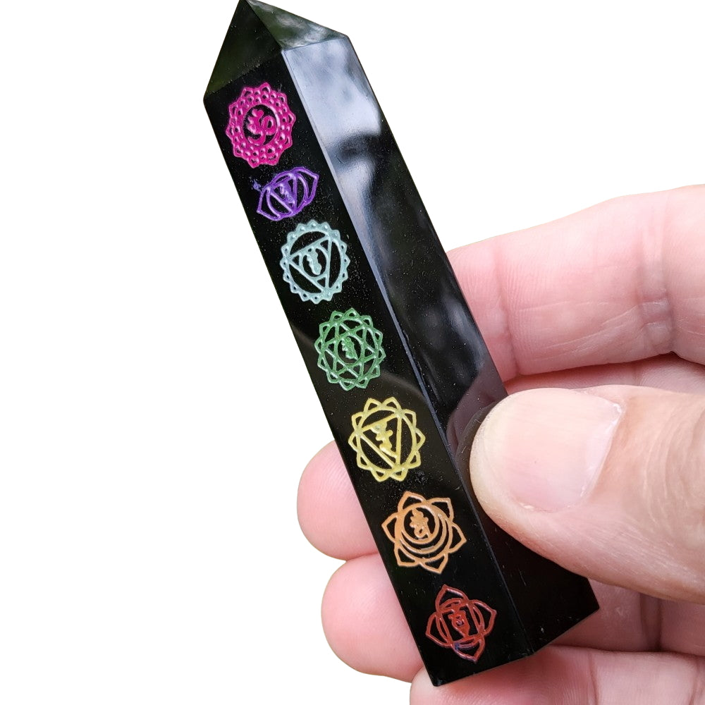 Obsidian Point with Chakra Engraving