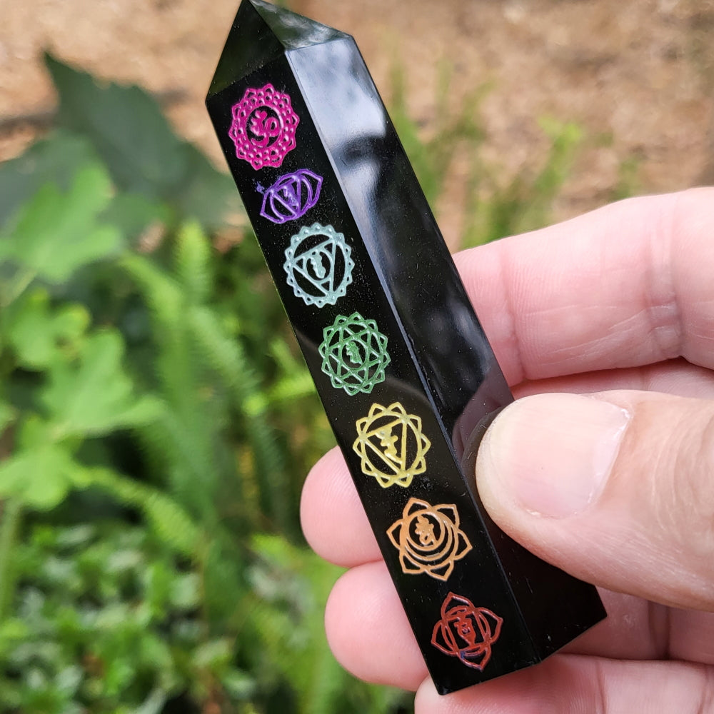 Obsidian Point with Chakra Engraving