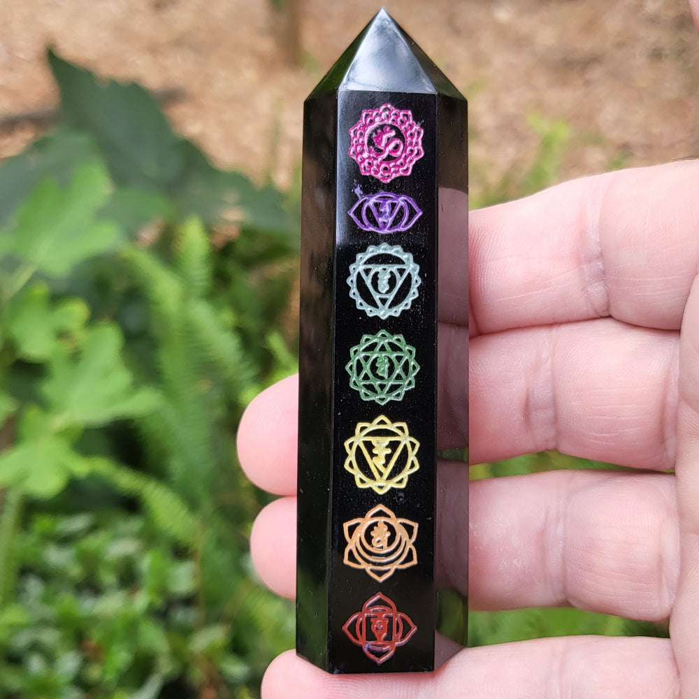 Obsidian Point with Chakra Engraving