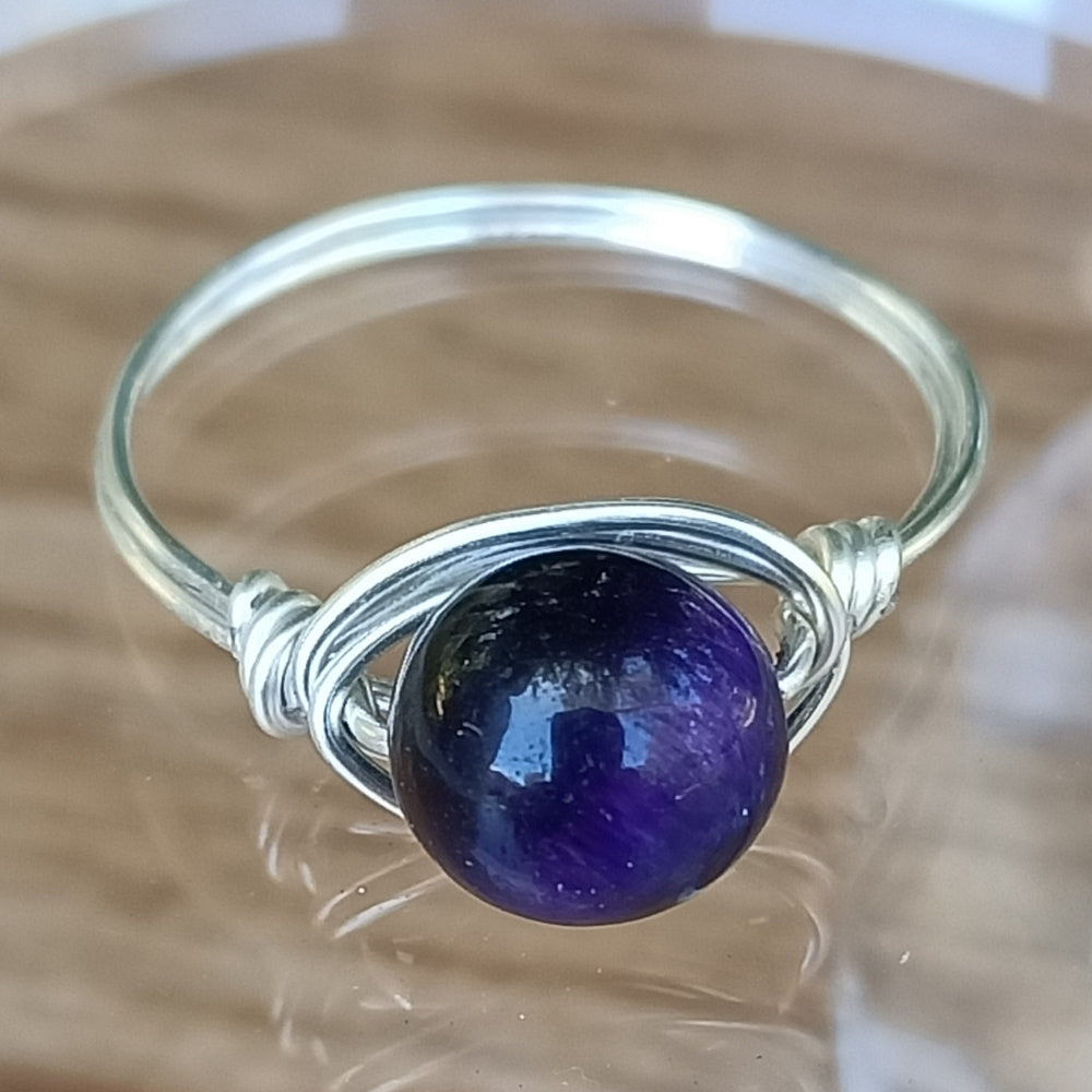 Wire Wrapped Gemstone Ring - Tigers Eye Dyed purple